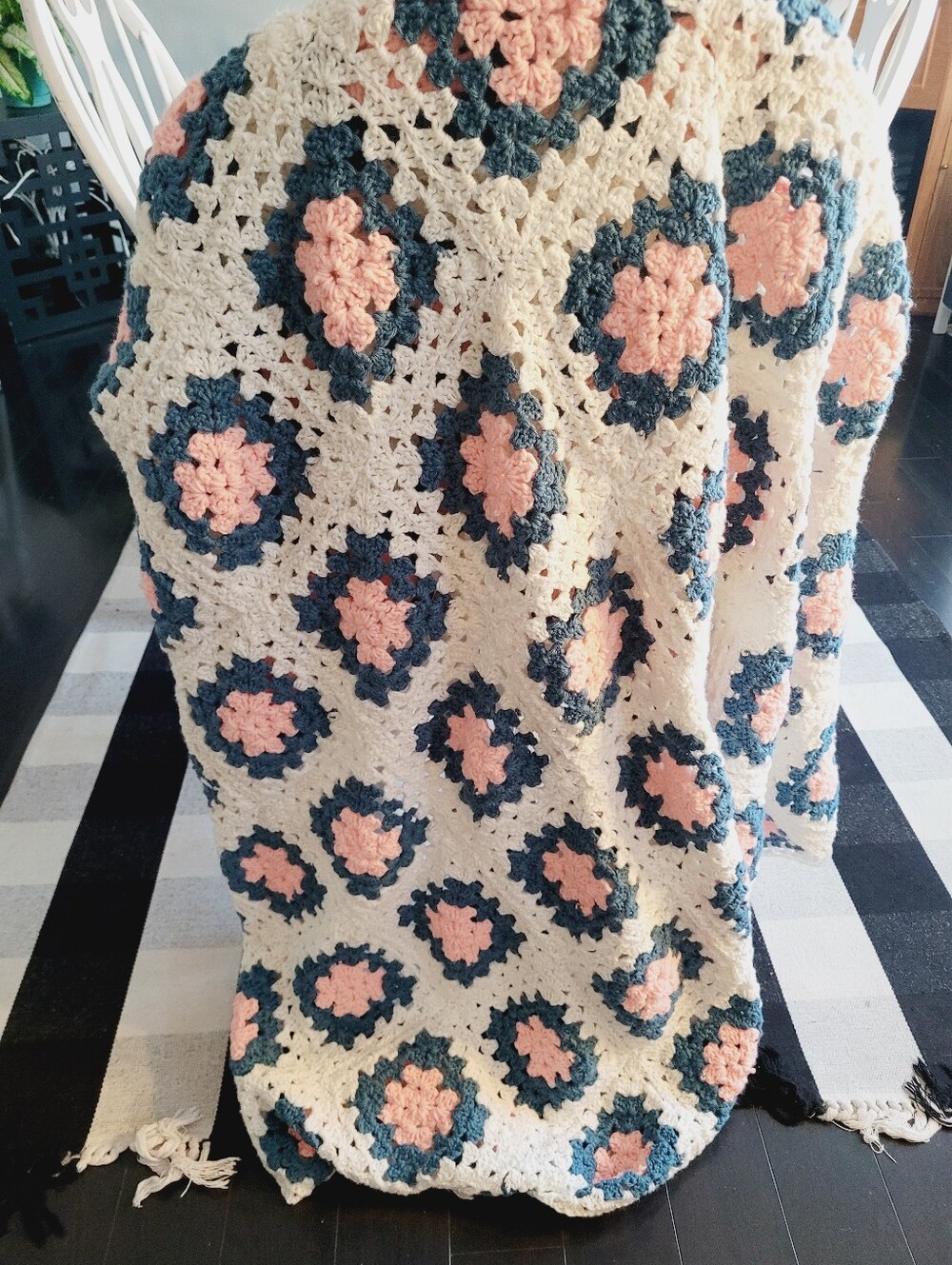 Handmade Crochet Granny Square Afghan Throw Blanket 66x66 Pink Blue White